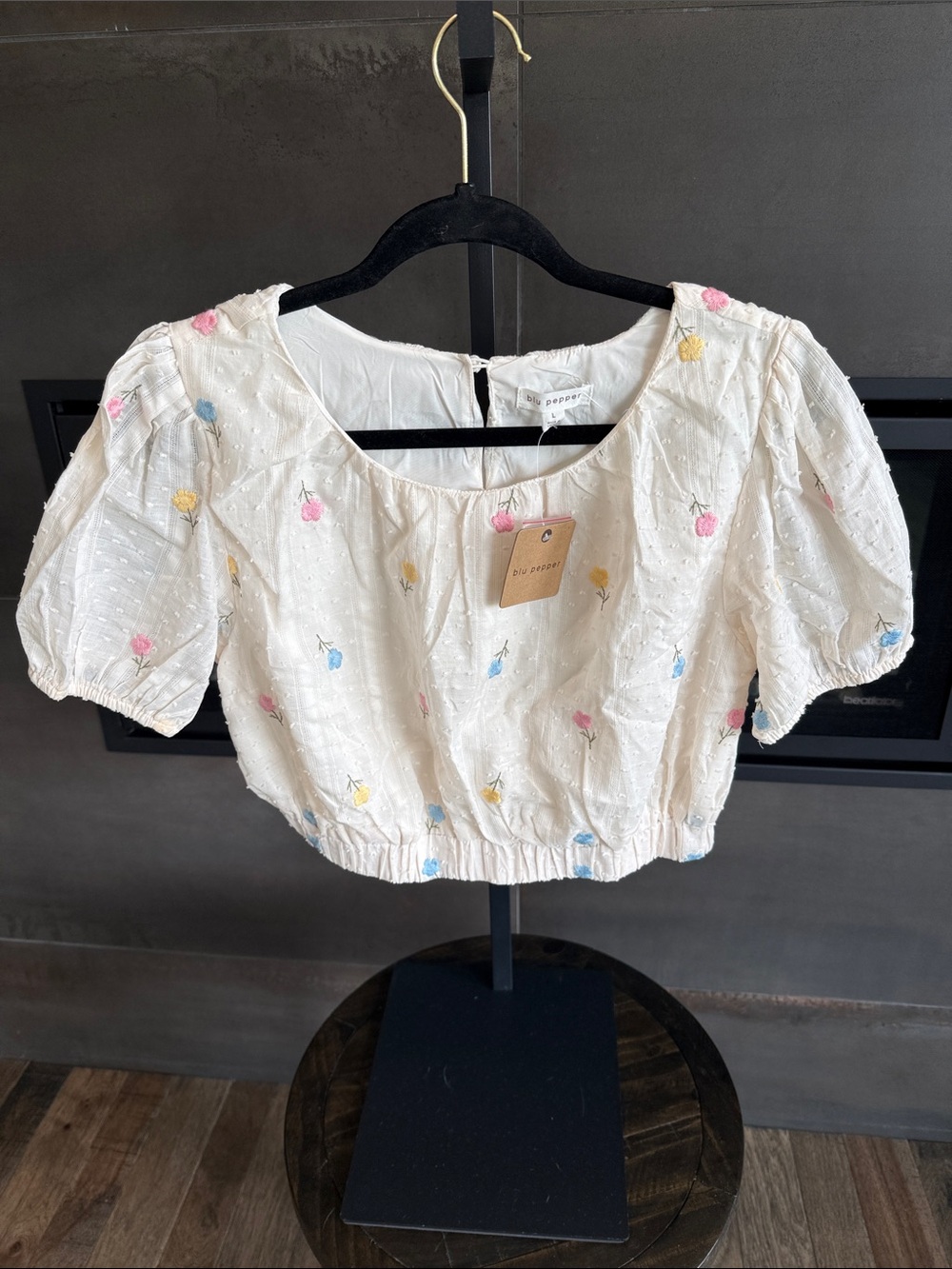 Blu Pepper White Cropped Puff-Sleeve Top with Pink, Yellow & Blue Embroidery